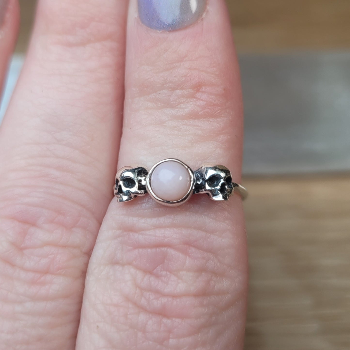 Pink Opal Skull Sterling Silver Ring - Size 6