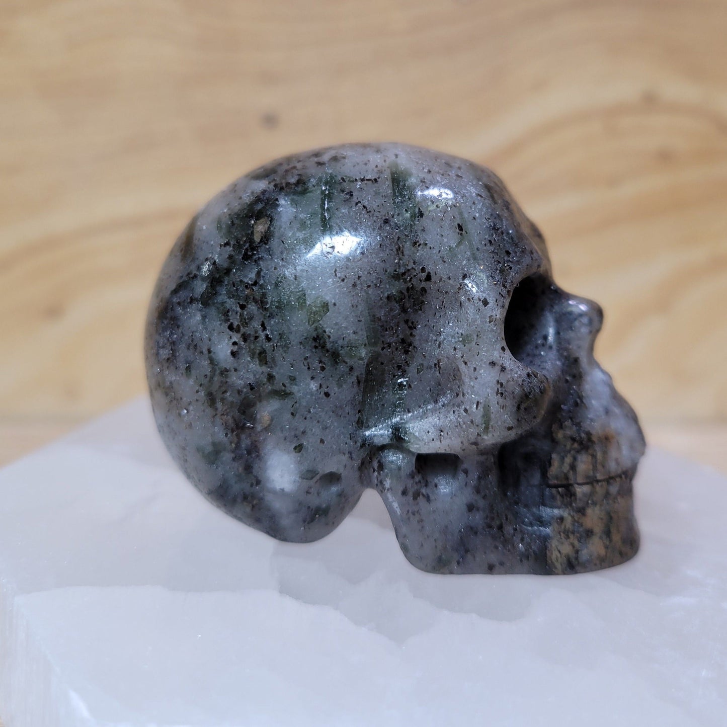 Quartz w Tourmaline 2" Skull