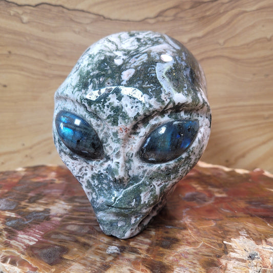 Moss Agate w Labradorite 4" Alien