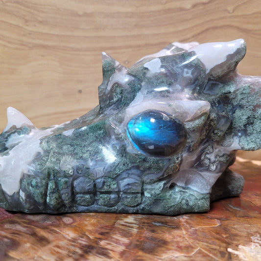 Moss Agate w Labradorite 5" Dragon