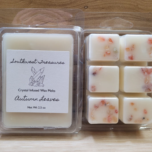 Limited edition Autumn Leaves Crystal Infused Wax Melt featuring a rich blend of autumnal scents. The wax is infused with crystals and designed to create a cozy, inviting atmosphere reminiscent of fall. Perfect for seasonal home décor and adding a touch of seasonal magic to your space.