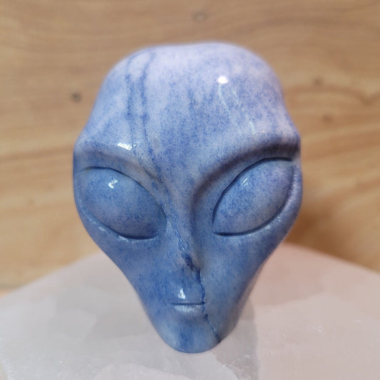 A whimsical blue aventurine alien figurine, showcasing its smooth surface and shimmering blue hues, set against a soft, neutral background. This unique piece symbolizes creativity, tranquility, and emotional balance, making it a charming addition to any space.