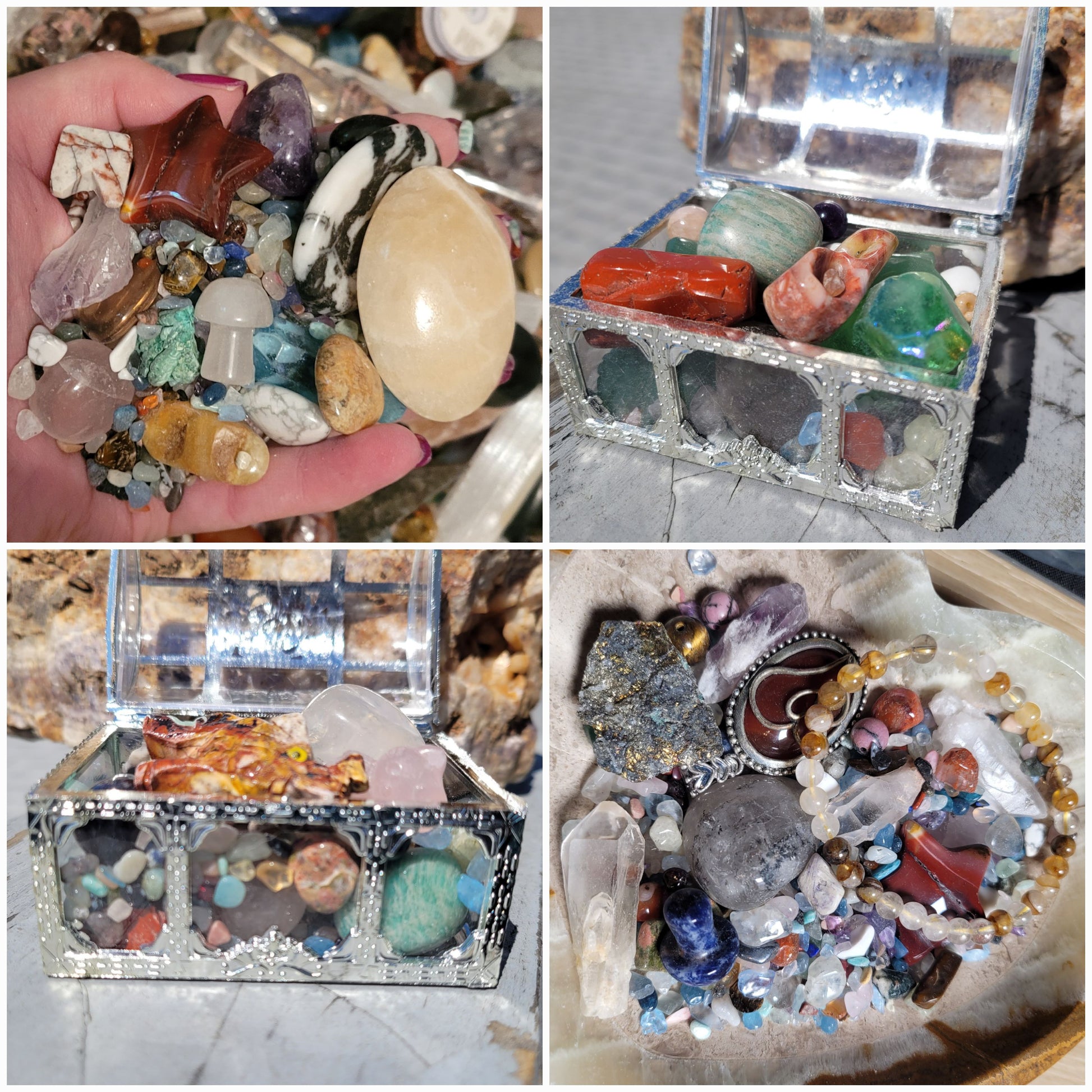 Treasure scoops from Southwest Treasures, featuring a variety of colorful gemstones and minerals displayed in a clear container.