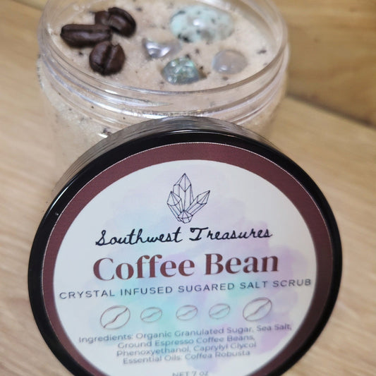 Coffee Bean Crystal-Infused Sugared Salt Scrub – Revitalize your skin with this luxurious scrub featuring the invigorating scent of coffee beans and the exfoliating power of sugar and salt. Infused with crystals, it not only smooths and refreshes your skin but also imparts energizing and cleansing properties. Perfect for a revitalizing self-care ritual, this scrub combines the benefits of aromatherapy with the unique energy of crystals for a rejuvenating experience.