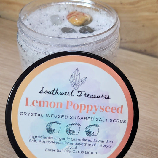 Lemon Poppyseed Crystal-Infused Sugared Salt Scrub – Refresh and invigorate your skin with this vibrant scrub featuring the uplifting scents of lemon and the exfoliating power of sugar, salt, and poppy seeds. Infused with crystals, it offers energizing and cleansing properties while providing gentle exfoliation. Perfect for a revitalizing self-care ritual, this scrub enhances your skincare routine with aromatic therapy and the unique energy of crystals for a rejuvenating experience.