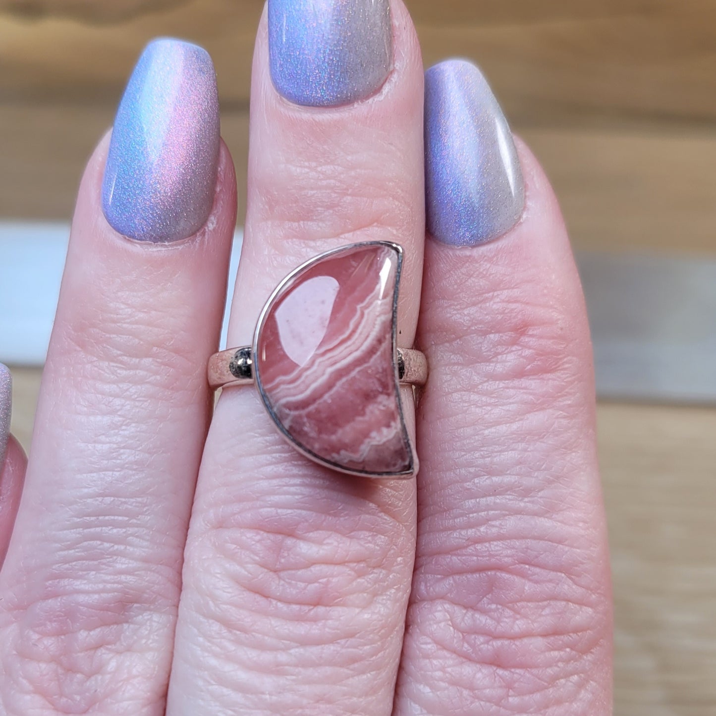 Rhodochrosite Moon Sterling Silver Ring - Size 6