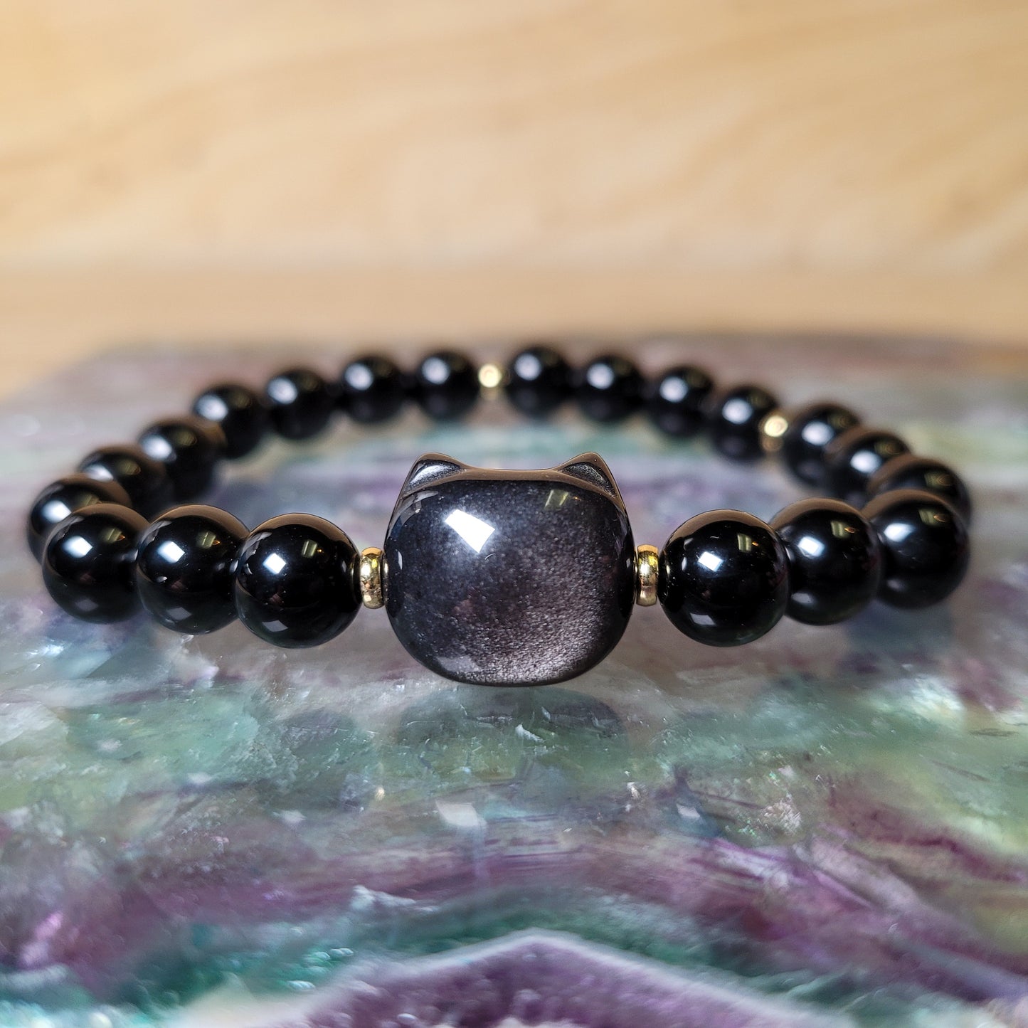 Silver Sheen Obsidian Cat Bracelet - 8mm to 8.5mm