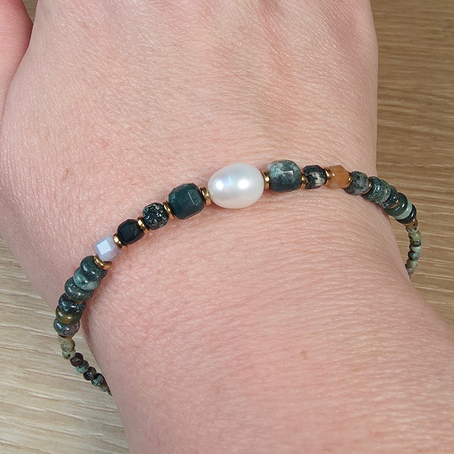 Moss Agate & Mother of Pearl Stainless Steel Bracelet - Adjustable