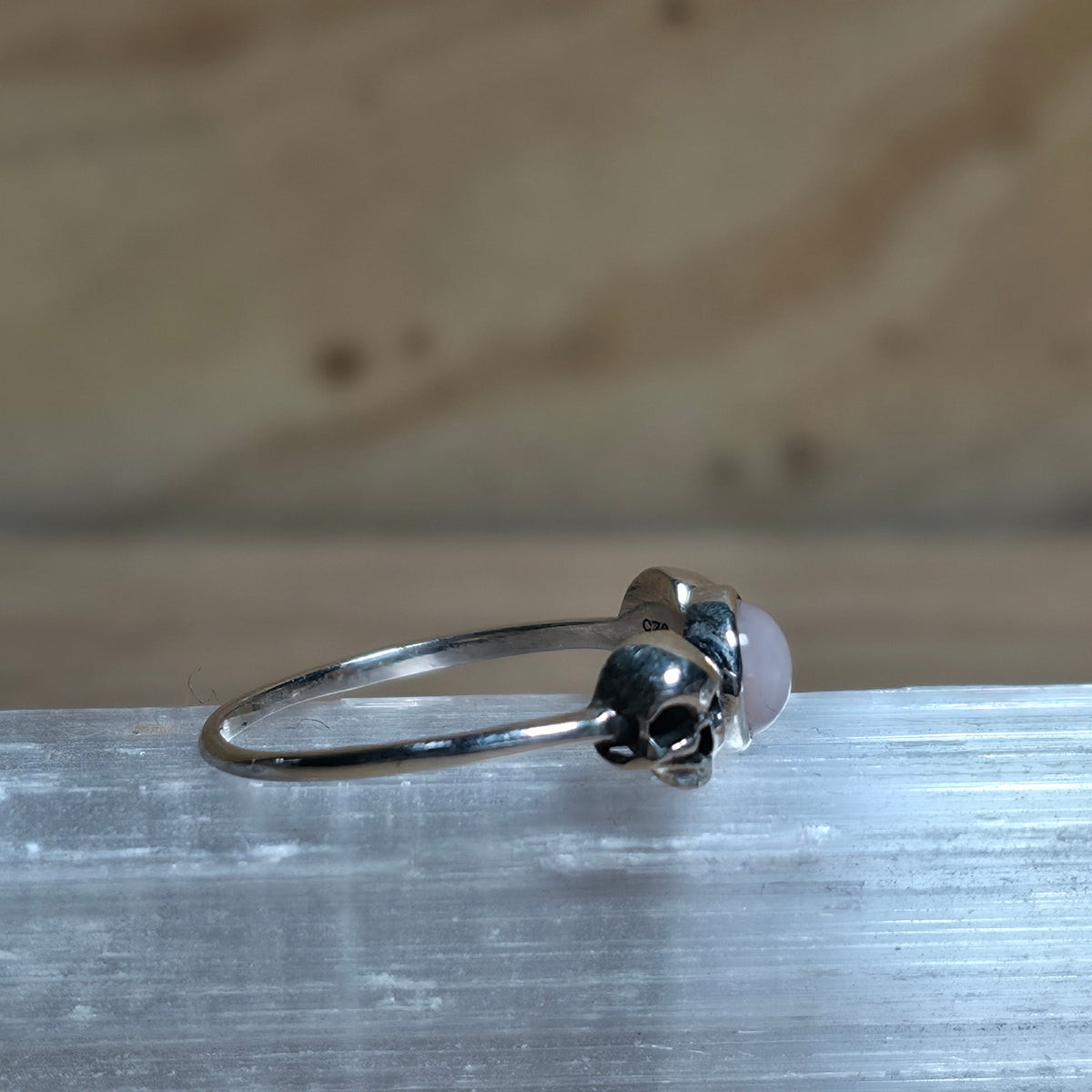 Pink Opal Double Skull Sterling Silver Ring - Size 6