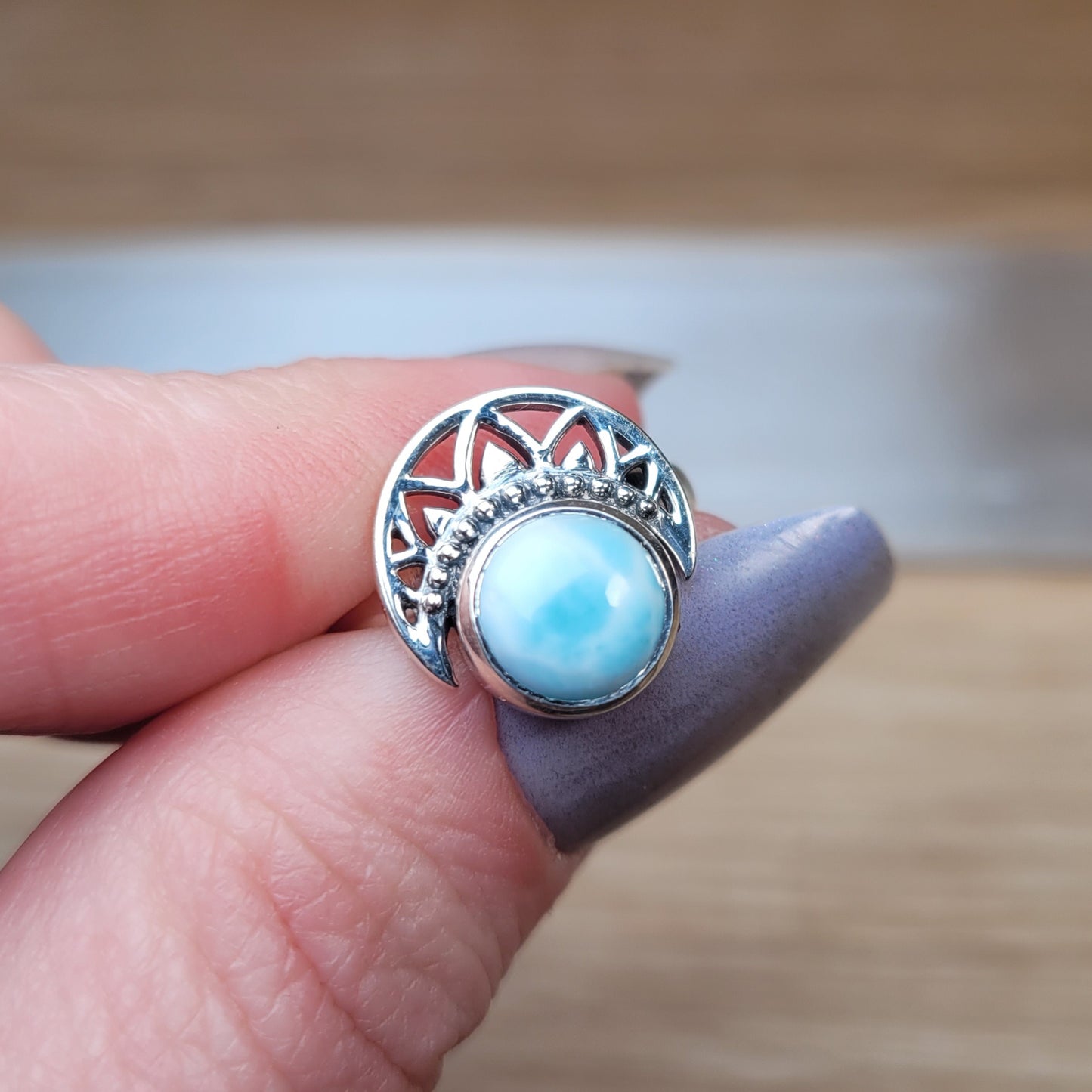 Larimar Moon Sterling Silver Ring - Size 6