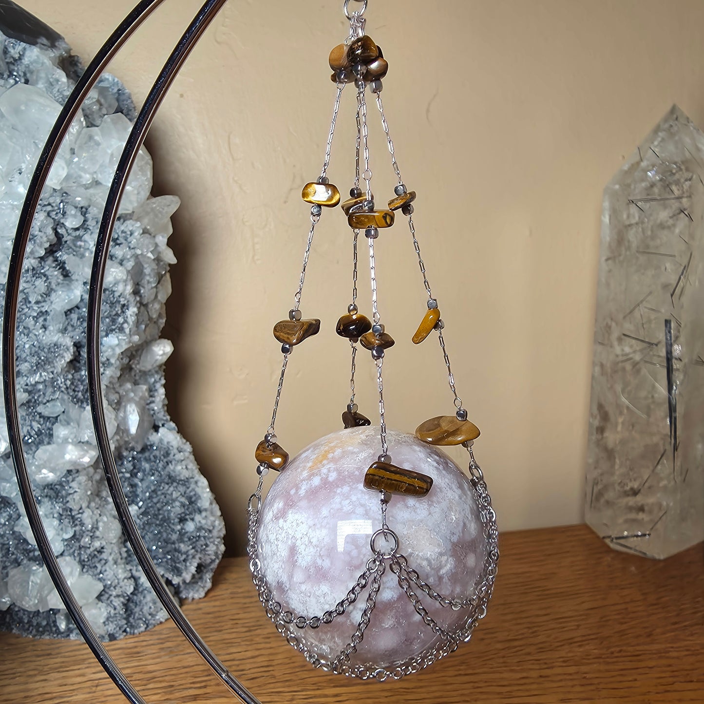 Crescent Moon Crystal Sphere Holder | Tiger Eye