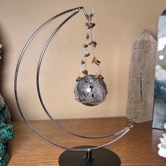 Crescent Moon Crystal Sphere Holder | Tiger Eye