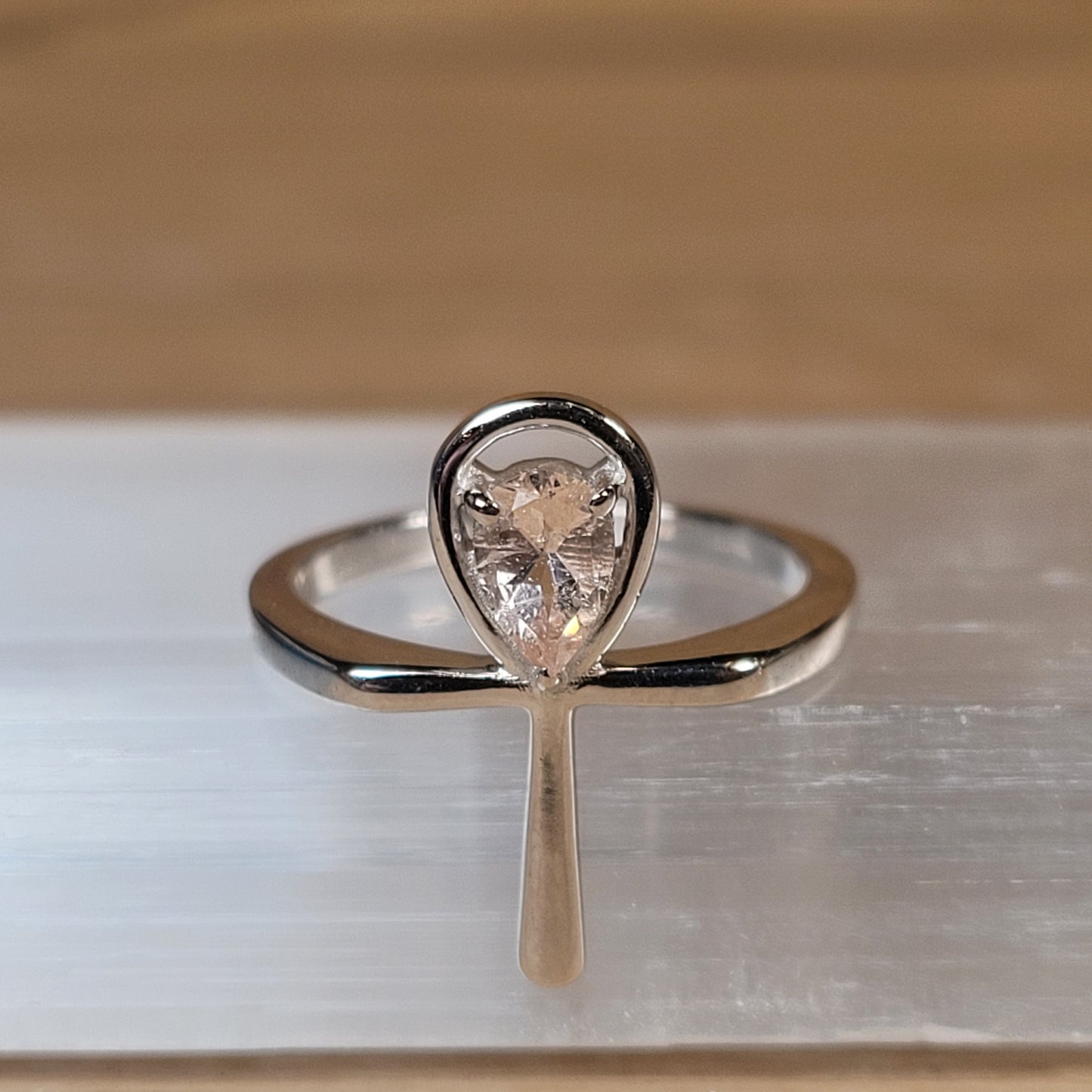 Morganite Ankh Sterling Silver Ring - Size 5