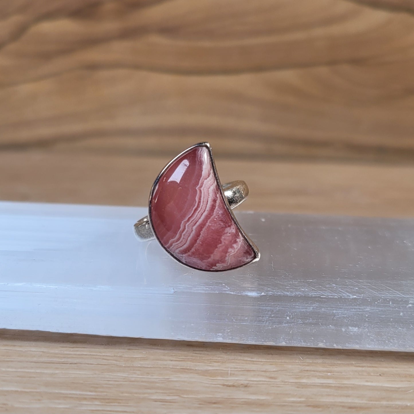 Rhodochrosite Moon Sterling Silver Ring - Size 6
