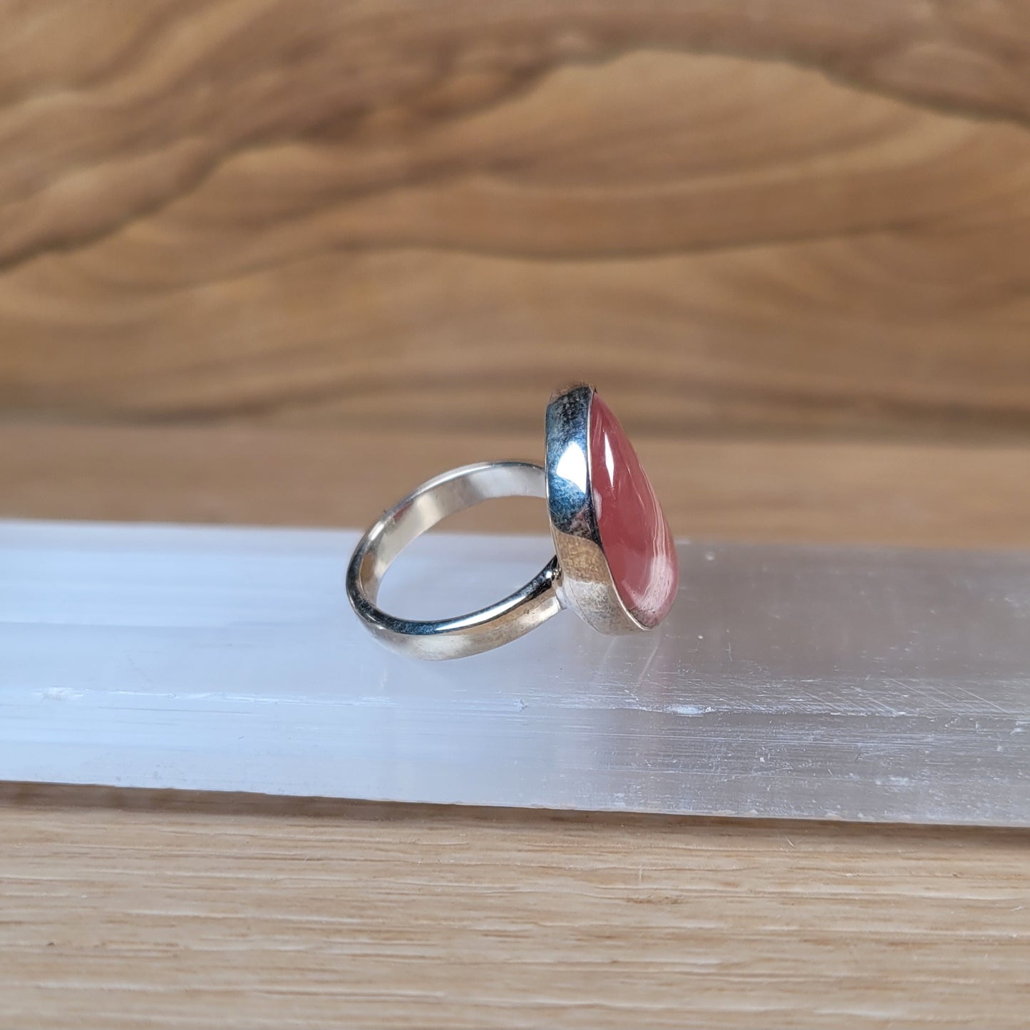 Rhodochrosite Moon Sterling Silver Ring - Size 6