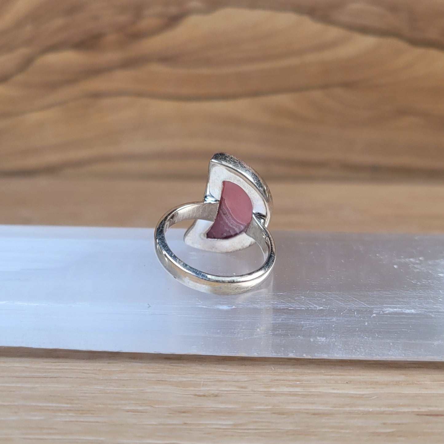 Rhodochrosite Moon Sterling Silver Ring - Size 6