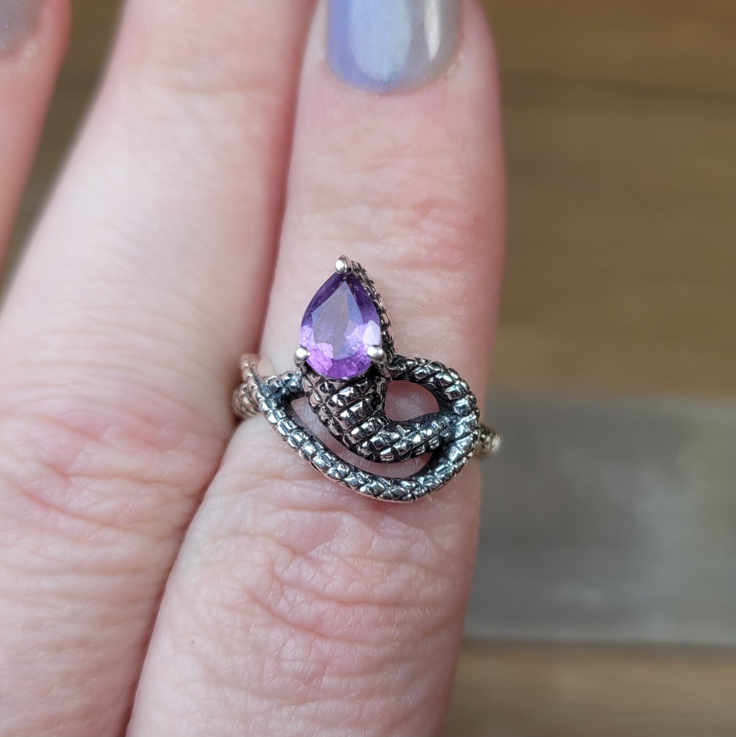 Amethyst Snake Sterling Silver Ring - Size 6