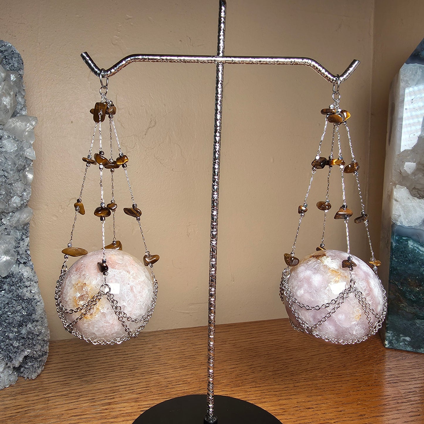 Double Hanging Sphere Holder | Tiger Eye