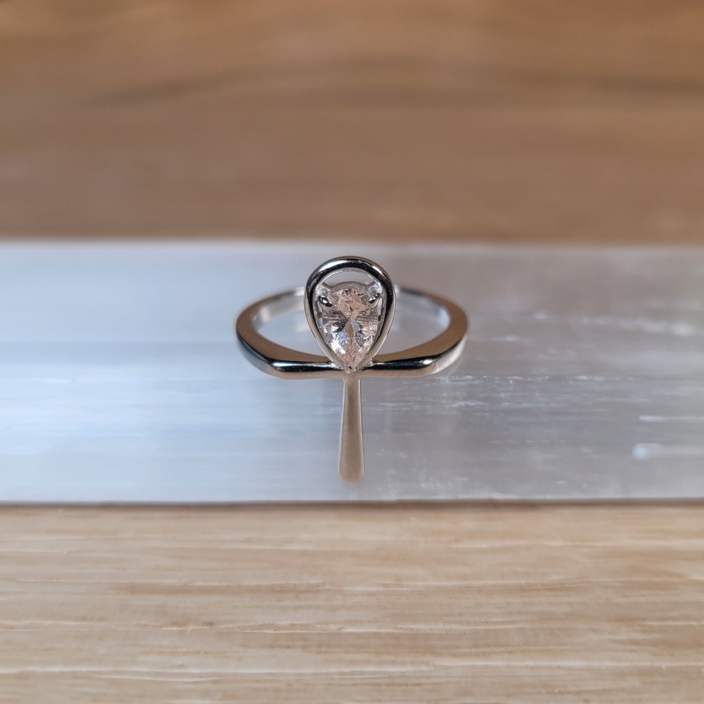 Morganite Ankh Sterling Silver Ring - Size 5