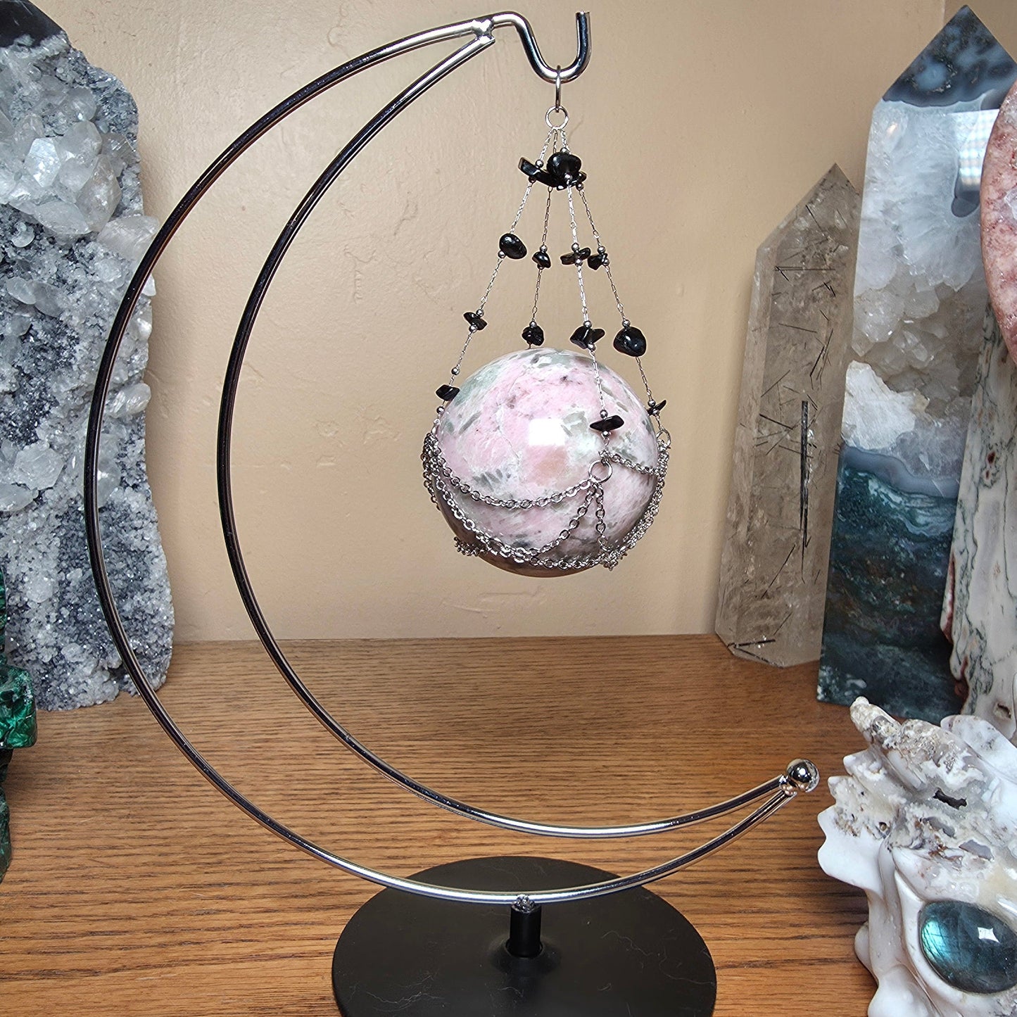 Crescent Moon Crystal Sphere Holder | Obsidian