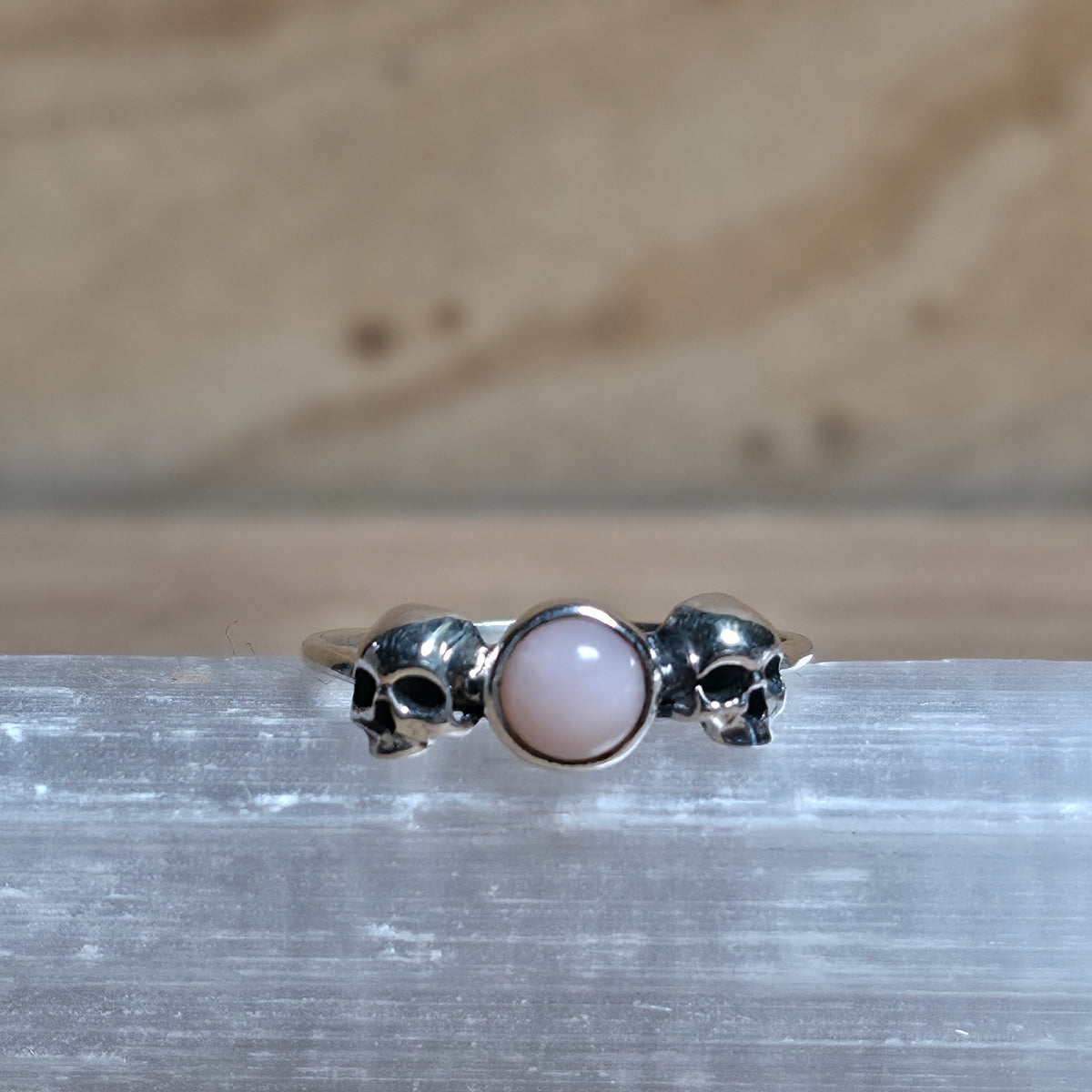 Pink Opal Double Skull Sterling Silver Ring - Size 6