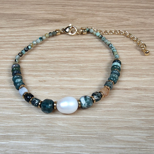 Moss Agate & Mother of Pearl Stainless Steel Bracelet - Adjustable