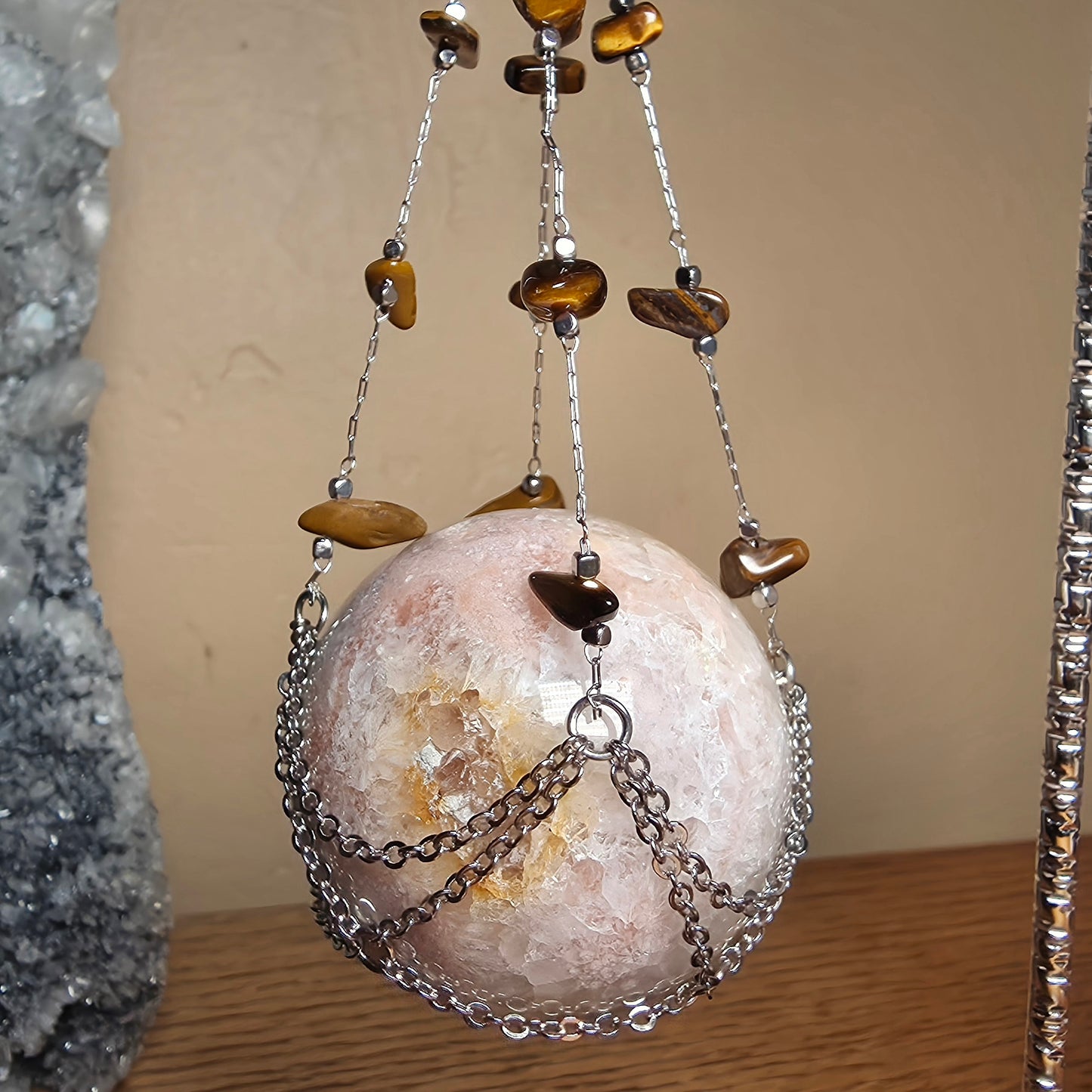 Double Hanging Sphere Holder | Tiger Eye
