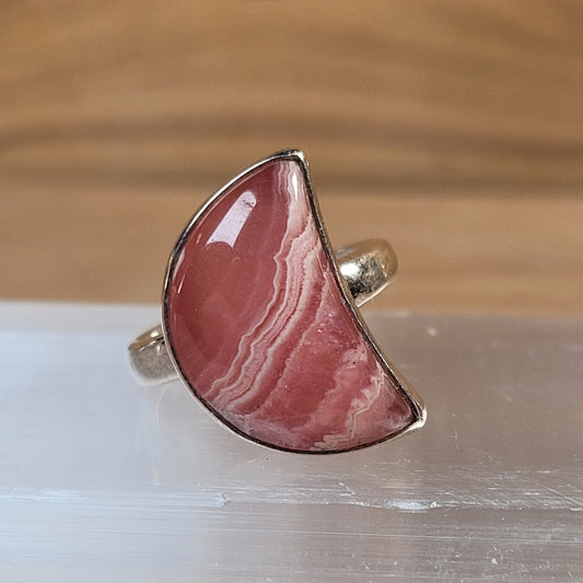 Rhodochrosite Moon Sterling Silver Ring - Size 6