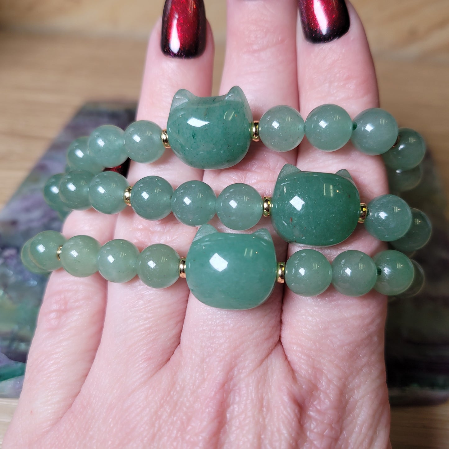 Green Aventurine Cat Bracelet - 8mm to 8.5mm