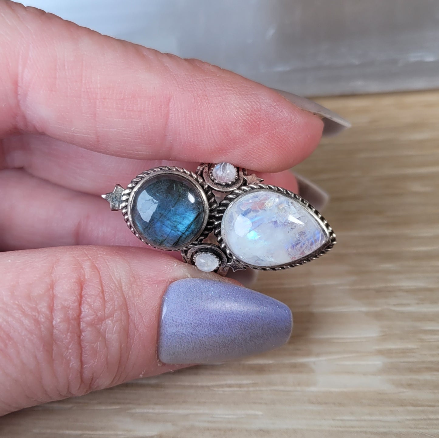 Labradorite & Moonstone Sterling Silver Ring - Size 6
