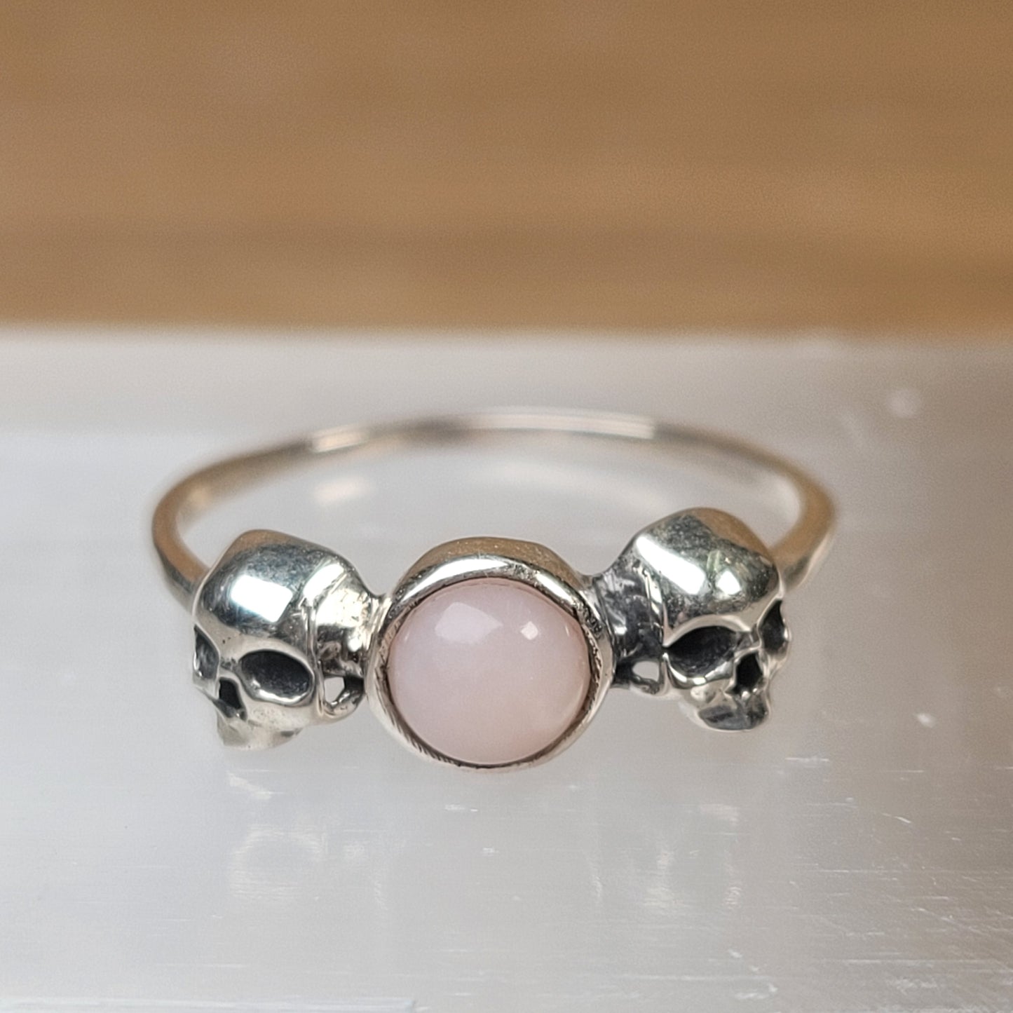 Pink Opal Skull Sterling Silver Ring - Size 6