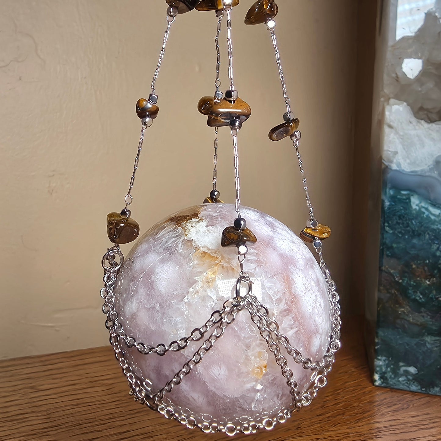 Double Hanging Sphere Holder | Tiger Eye