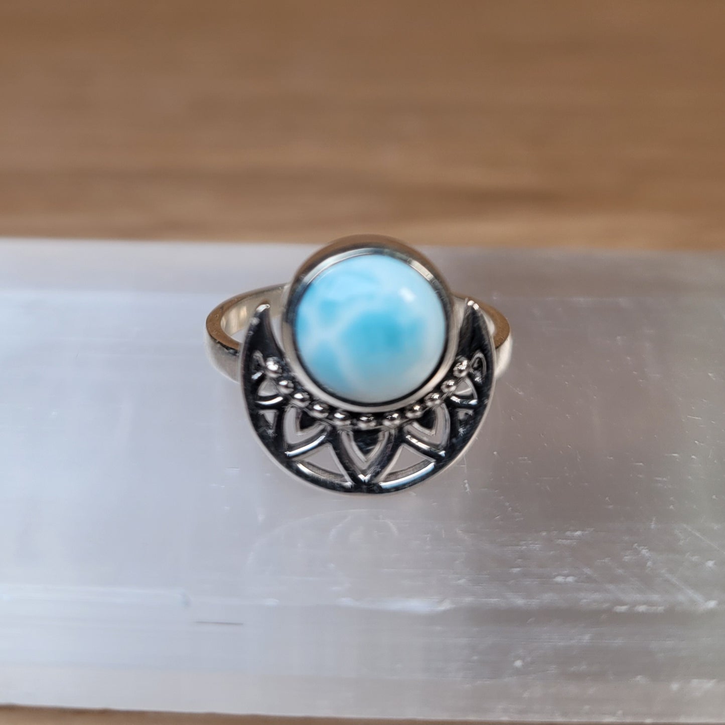 Larimar Moon Sterling Silver Ring - Size 6