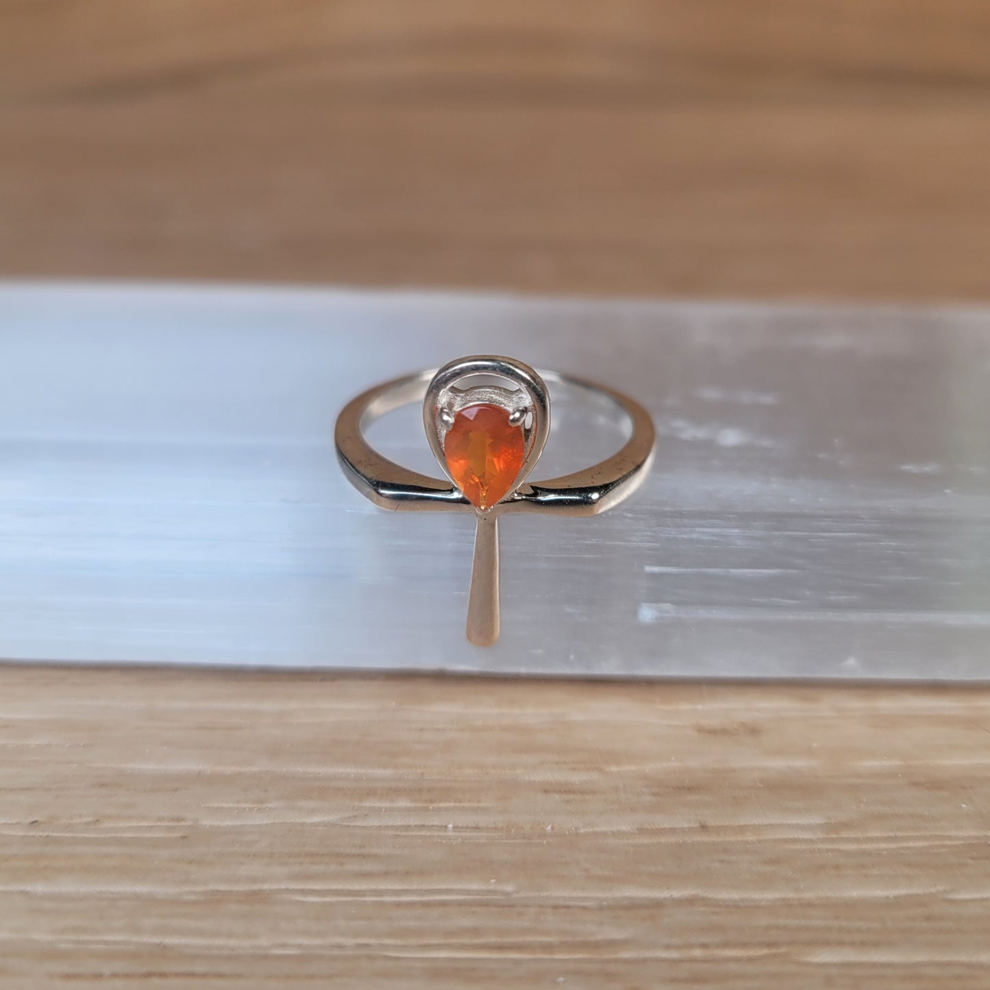 Mexican Fire Opal Ankh Sterling Silver Ring - Size 5
