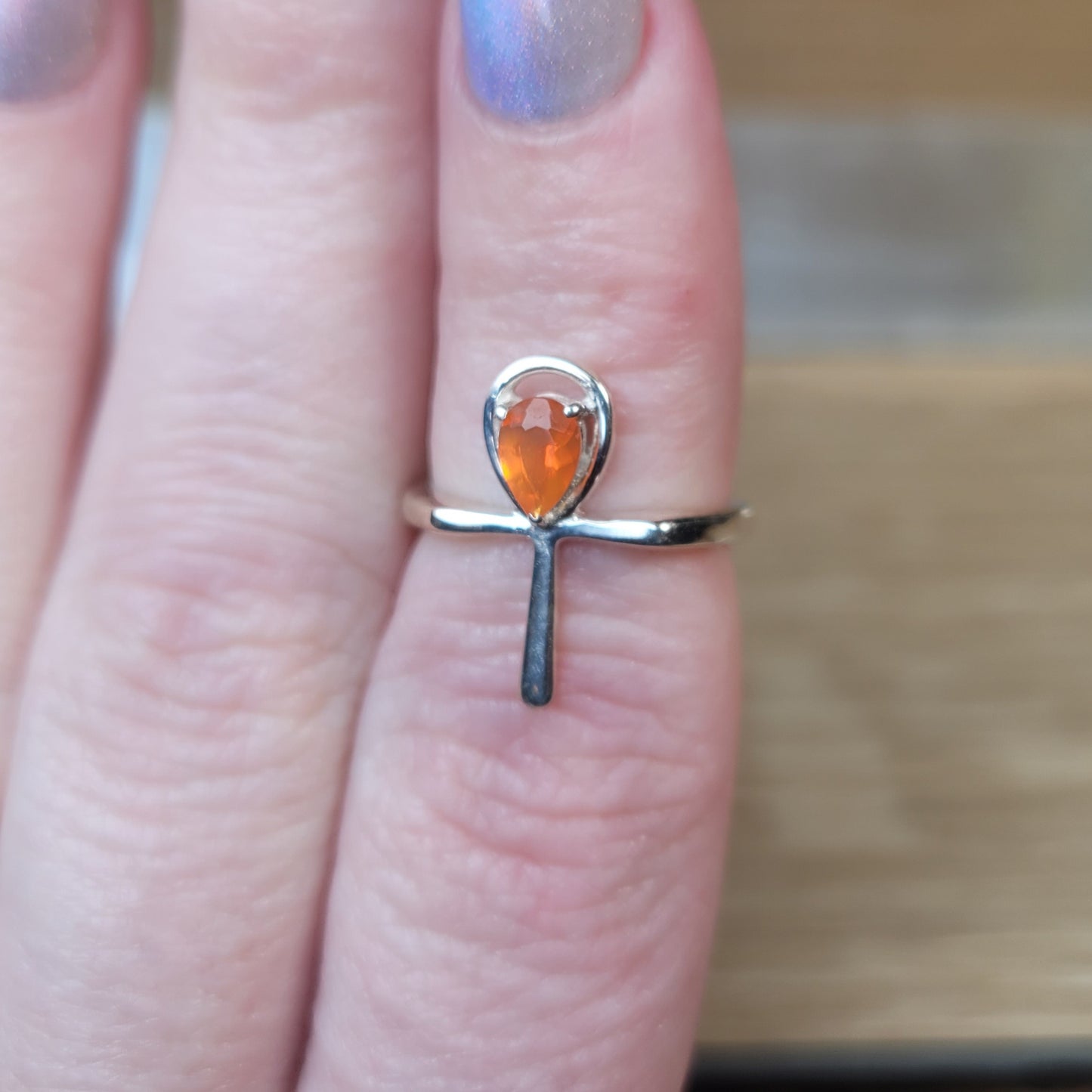 Mexican Fire Opal Ankh Sterling Silver Ring - Size 5
