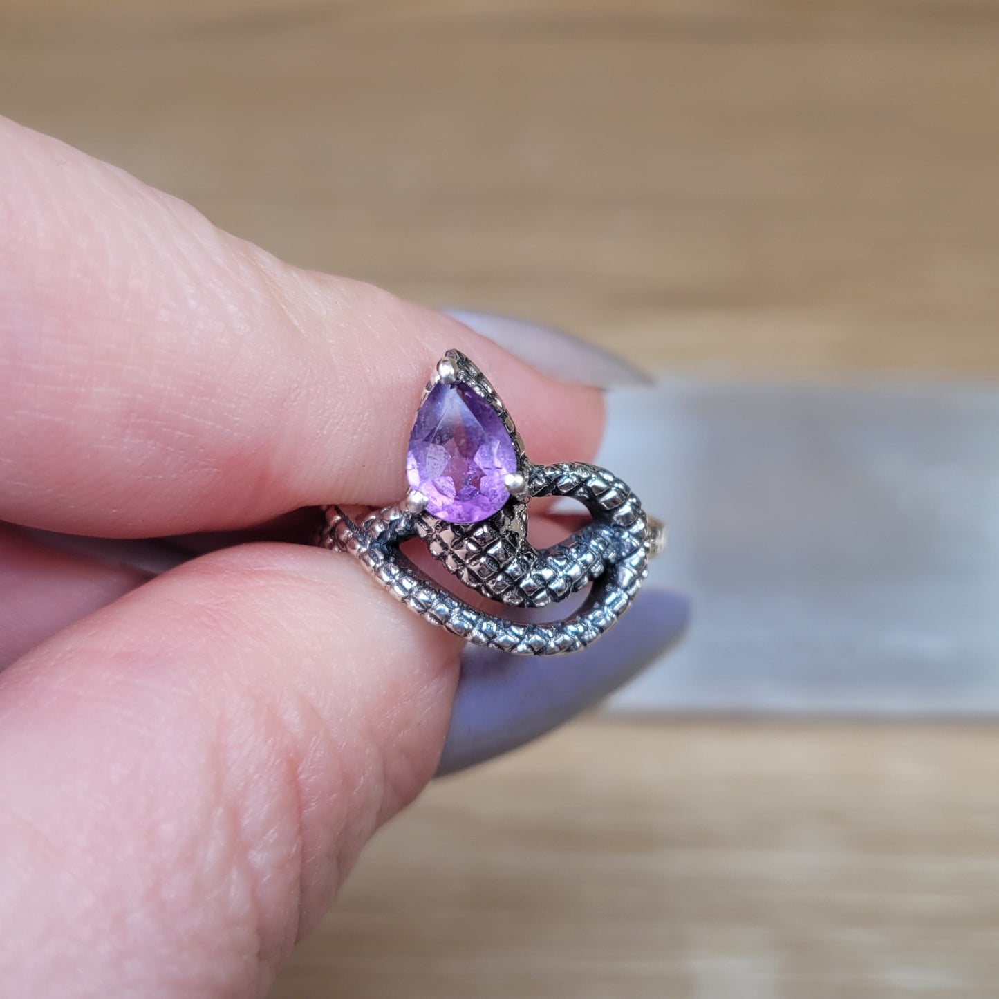 Amethyst Snake Sterling Silver Ring - Size 6