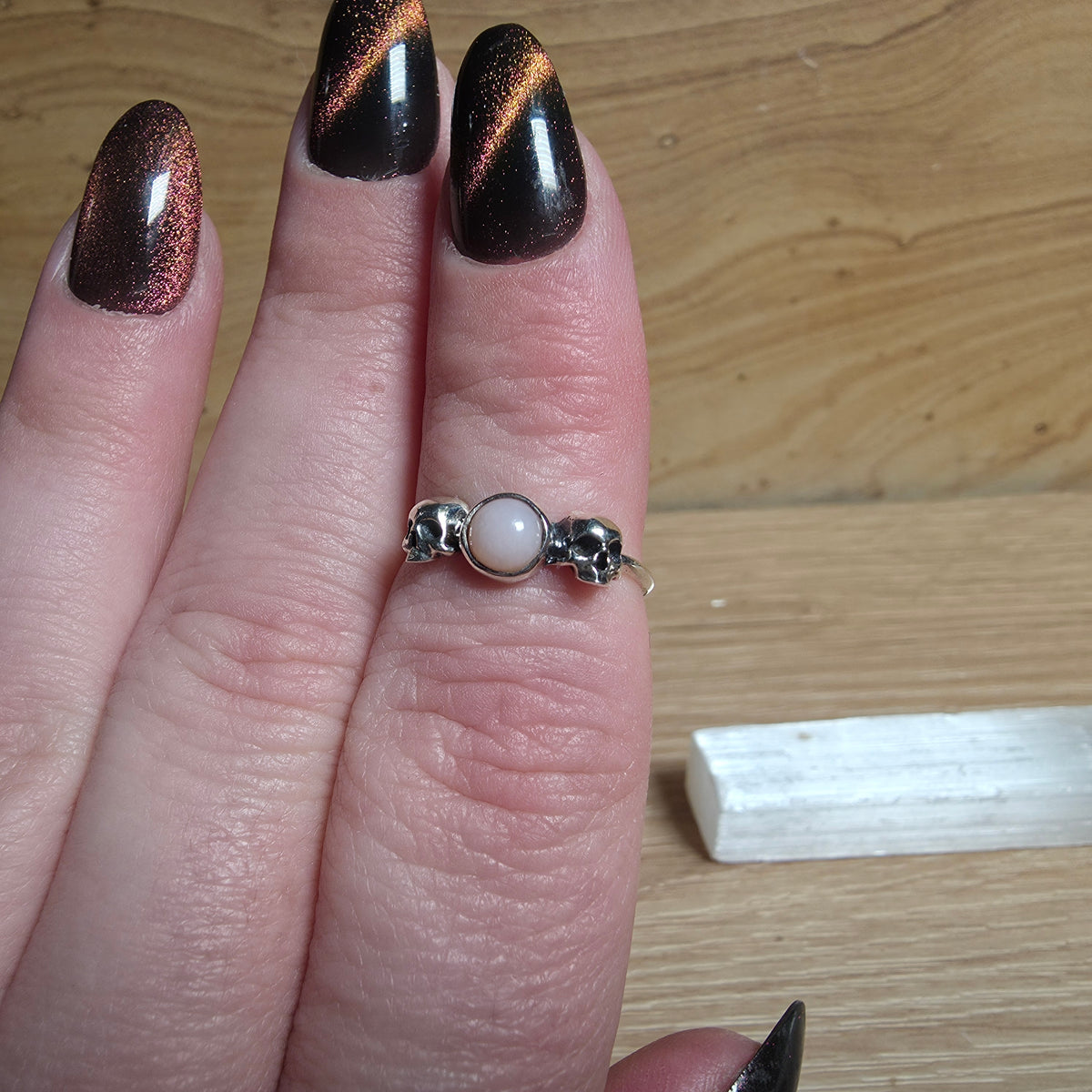 Pink Opal Double Skull Sterling Silver Ring - Size 6