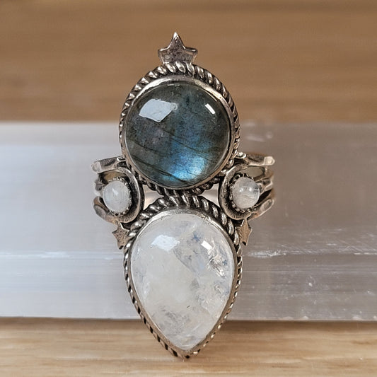 Labradorite & Moonstone Sterling Silver Ring - Size 6