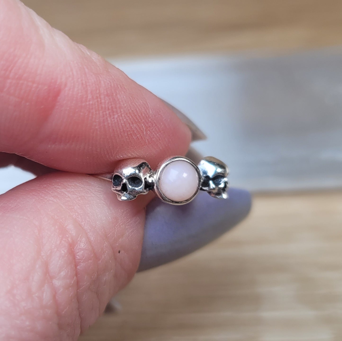 Pink Opal Skull Sterling Silver Ring - Size 6