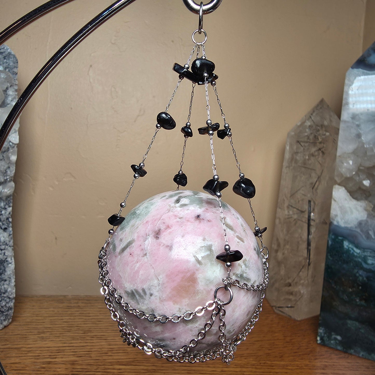 Crescent Moon Crystal Sphere Holder | Obsidian