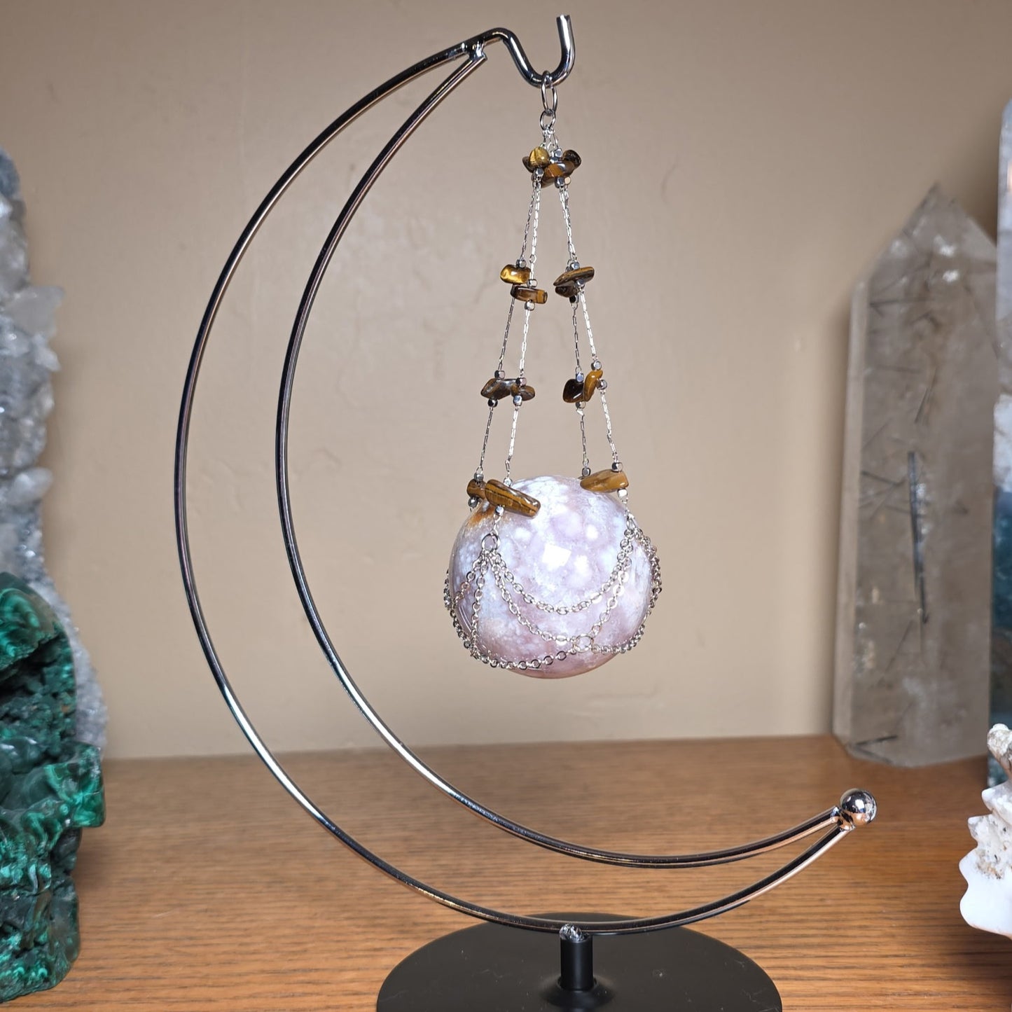 Crescent Moon Crystal Sphere Holder | Tiger Eye