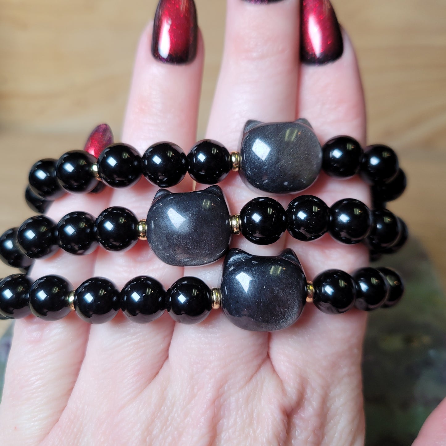 Silver Sheen Obsidian Cat Bracelet - 8mm to 8.5mm