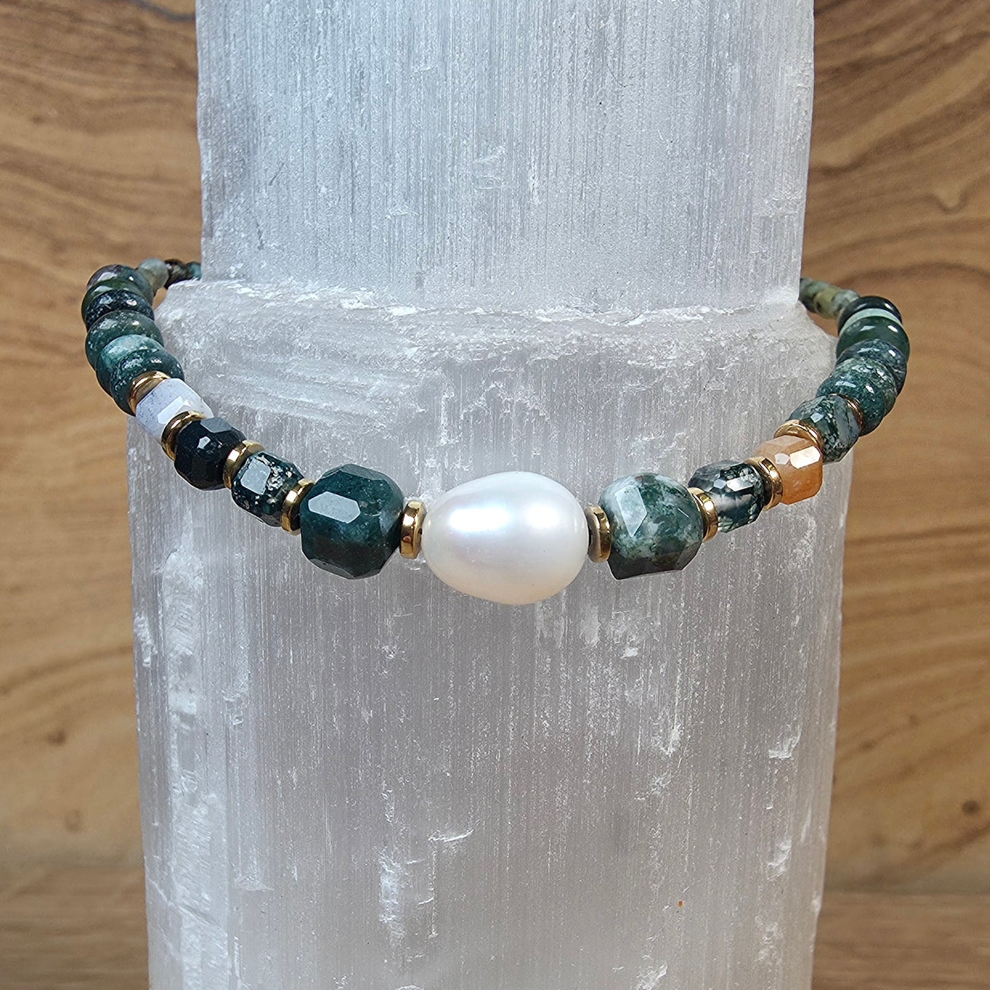 Moss Agate & Mother of Pearl Stainless Steel Bracelet - Adjustable