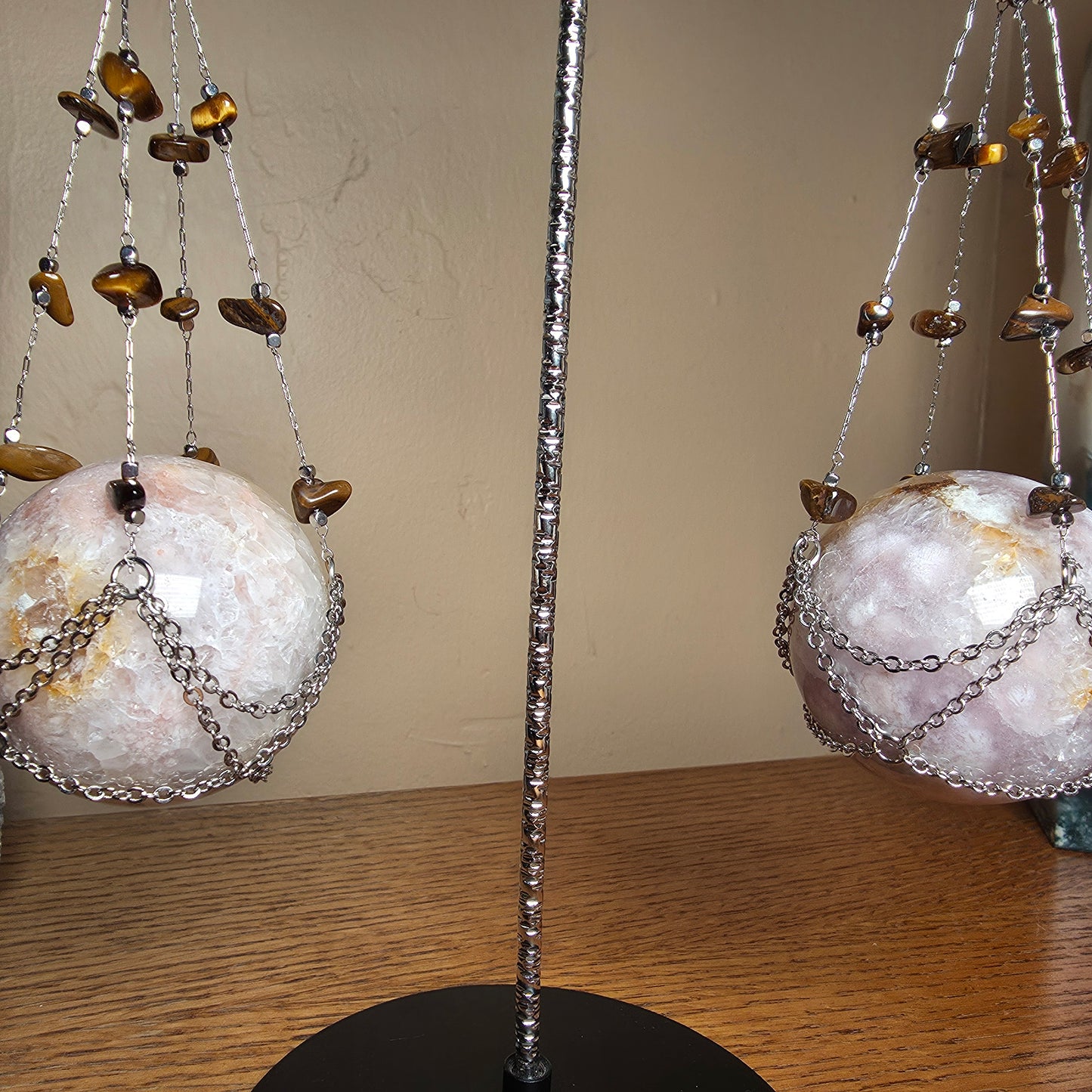 Double Hanging Sphere Holder | Tiger Eye