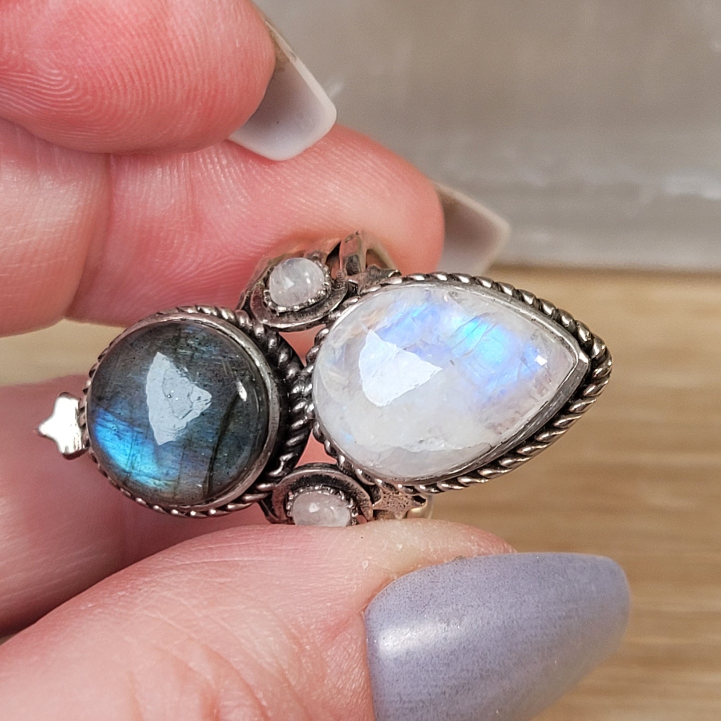 Labradorite & Moonstone Sterling Silver Ring - Size 6