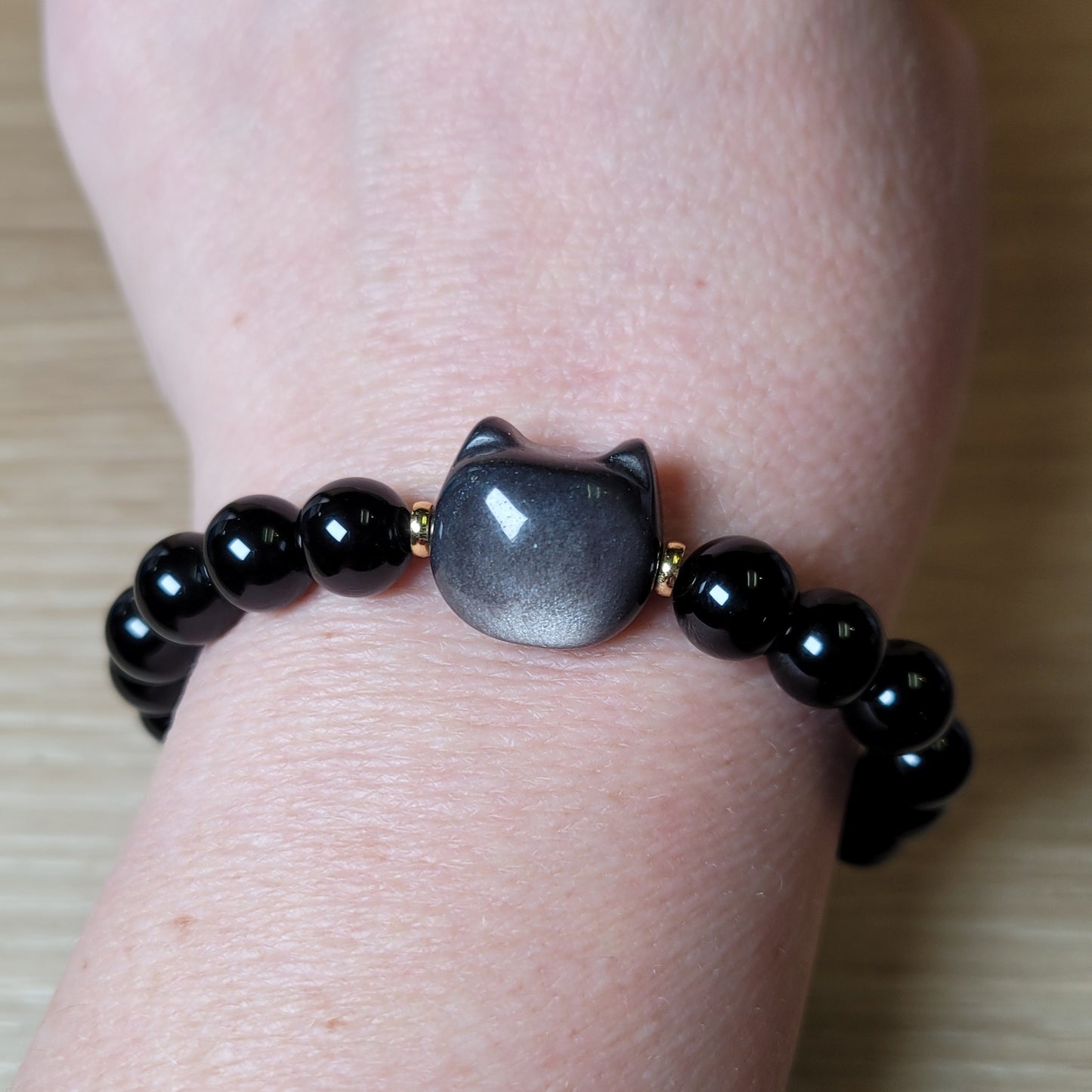 Silver Sheen Obsidian Cat Bracelet - 8mm to 8.5mm
