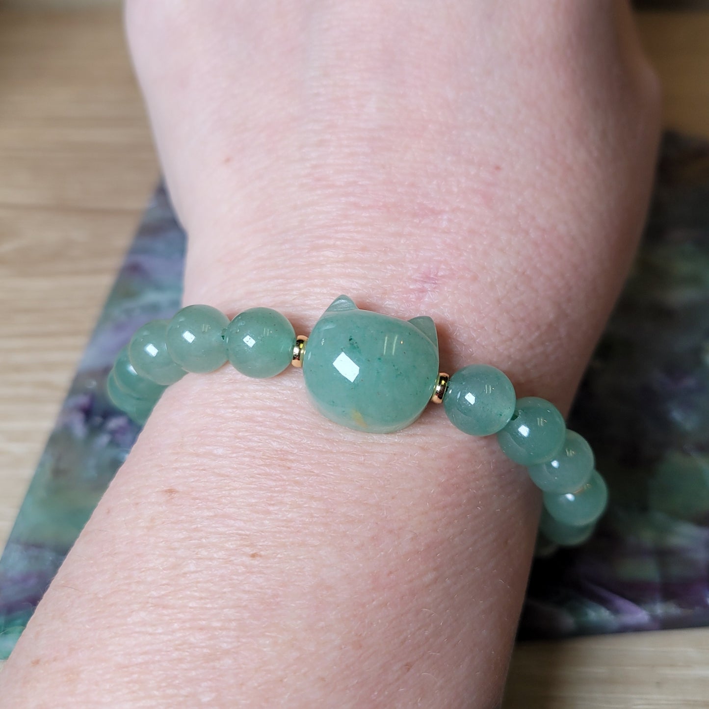 Green Aventurine Cat Bracelet - 8mm to 8.5mm