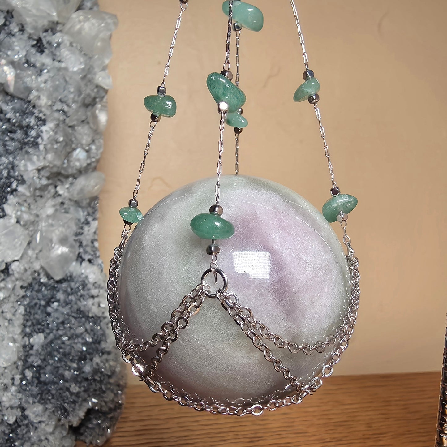 Double Hanging Sphere Holder | Green Adventurine