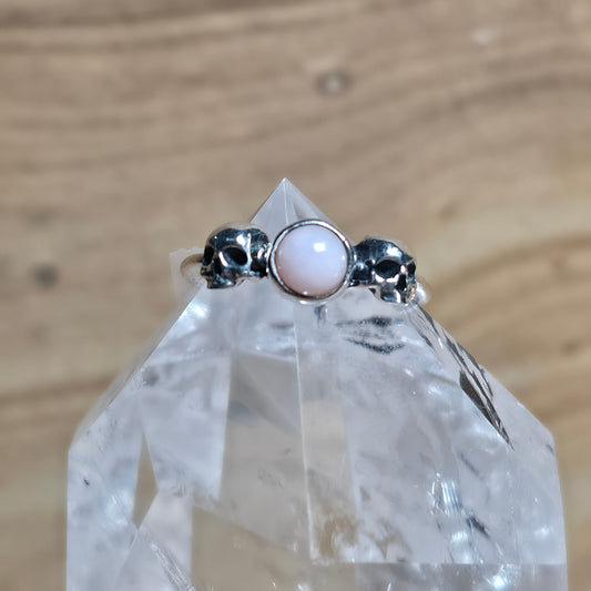 Pink Opal Double Skull Sterling Silver Ring - Size 6
