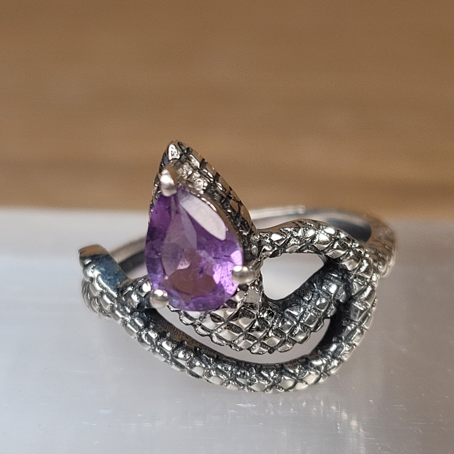 Amethyst Snake Sterling Silver Ring - Size 6